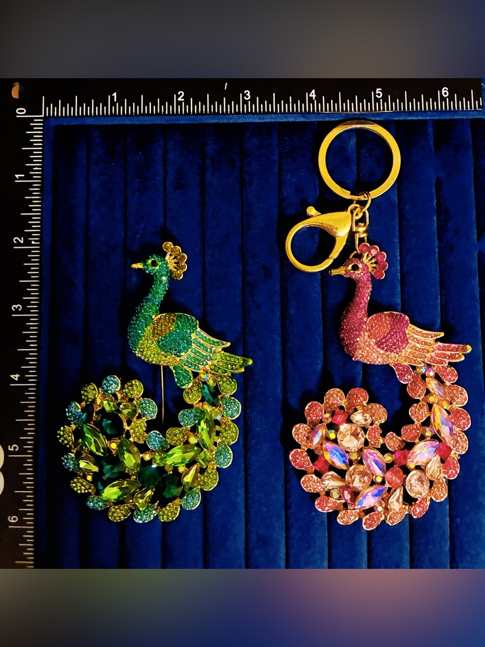 2 Pcs Sparkly Rhinestone Peacock Brooch Pin & Keychain Bag Charm Set Green Pink